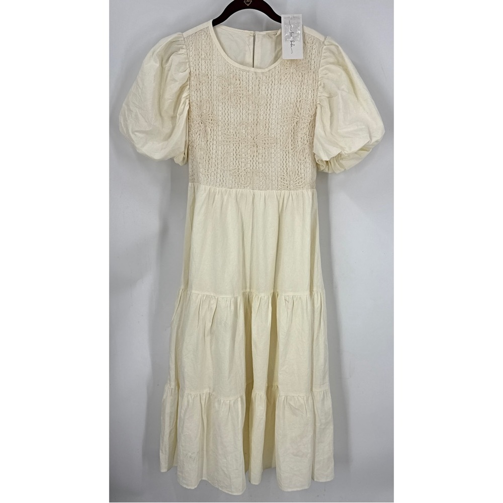 One loved babe 100% cotton Cream Puff Sleeve Tiered midi ivory Dress L NWT